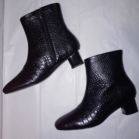 CLERGERIE Croc Leather Ankle Boots Metal Block Mid heel Black Booties Size 6.5 - Picture 8 of 16